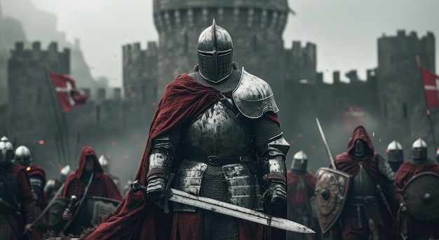 Ritter steht mit anderen Rittern in einer Burg