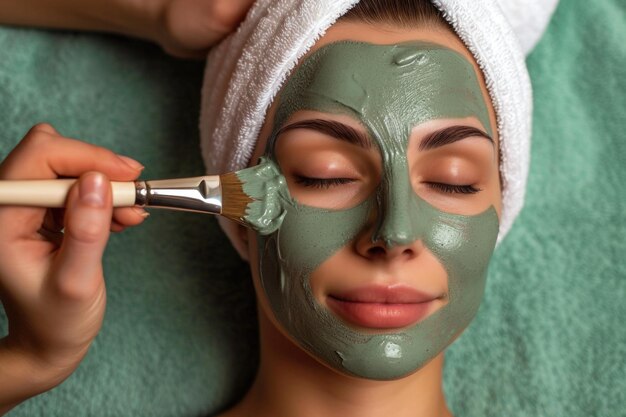 Ritual de cuidado facial aplicación de mascarilla verde calmante con brocha