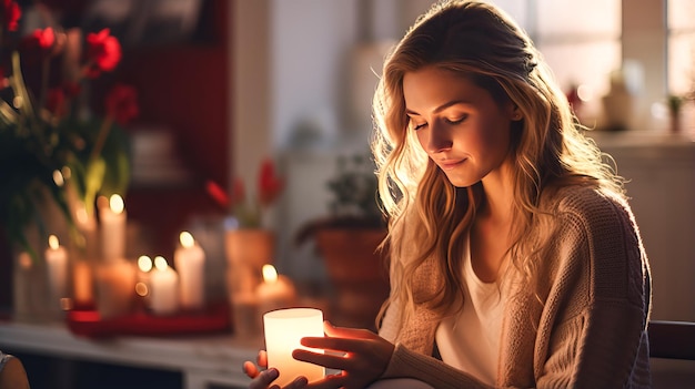 Ritual de brilho quente Mulher acendendo uma vela para um relaxamento aconchegante