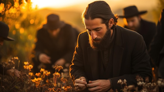 Foto ritual de oração judaica serena ao pôr-do-sol com homens vestindo o tradicional talit e tefillin