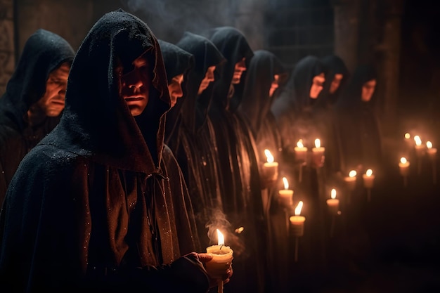 Ritual de padres medievais com velas na rede neural do templo gerada ai