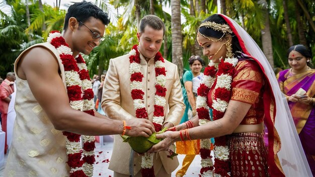 Foto ritual con hojas de coco durante la tradicional ceremonia de boda hindú