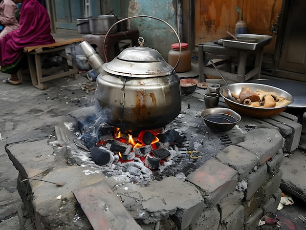 Ritual matutino de la calle india de preparar el té con carbón