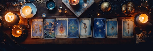 ritual místico con velas y cartas del tarot vista superior