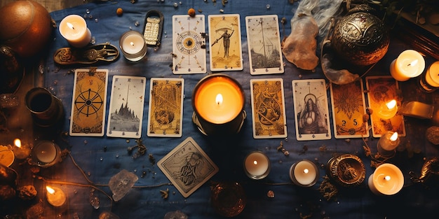 ritual místico con velas y cartas de tarot vista superior