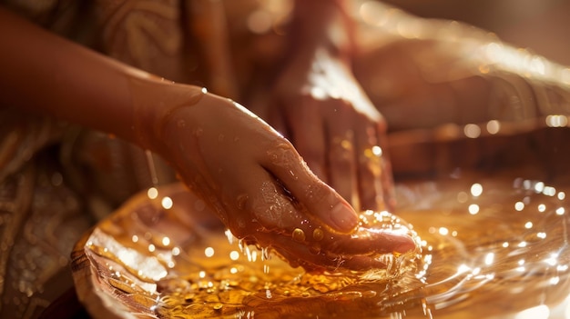 Ritual tradicional indio de baño con aceite en una cálida luz dorada