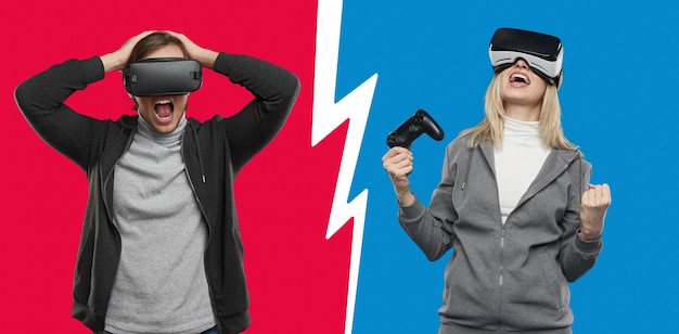 Rivales en gafas vr jugando unos contra otros en el ciberespacio