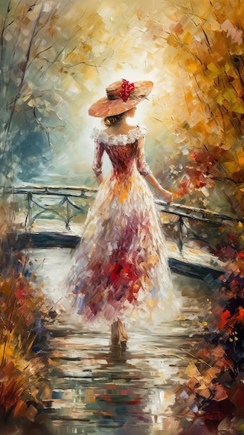 Riverside Reverie Pintura de una mujer con un vestido caminando hacia el río