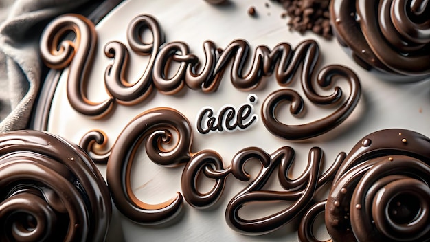 Los rizos de chocolate abstractos en 3D forman un remolino de cacao caliente con el concepto de texto cálido y acogedor como un vector rico