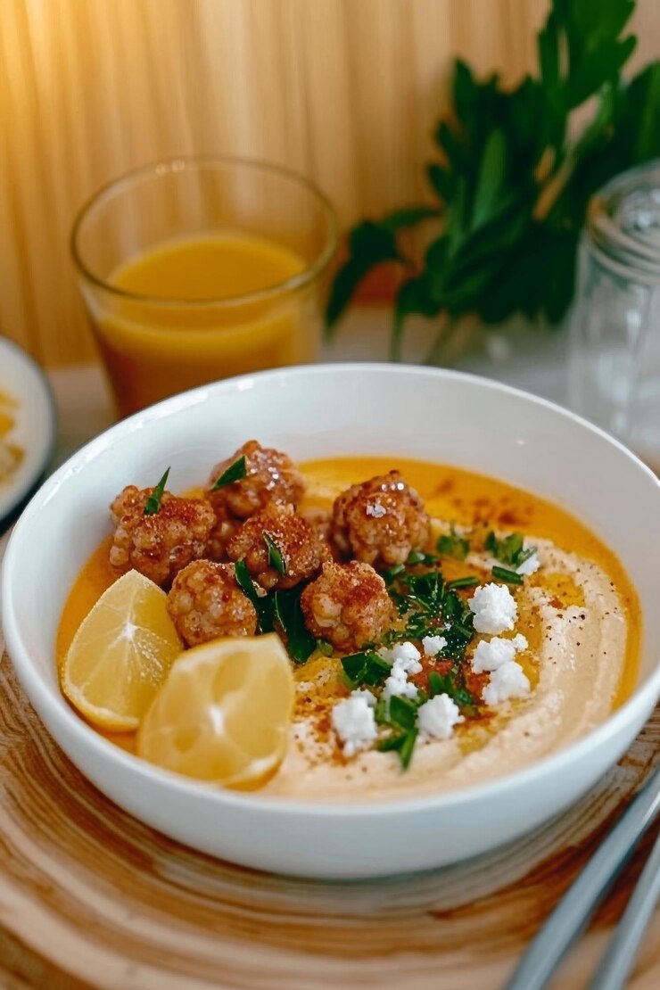 Foto rizz bil hummus con bolitas de carne limon y hierbas frescas un plato completo de la cocina tradicional