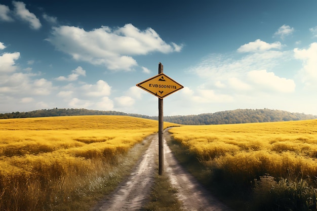 Foto road sign in yellow field and blue sky with clouds nature composition