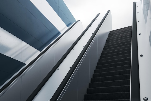 Road to Success-Konzept mit Blick von unten auf die moderne Rolltreppe draußen, die zur Straße mit hellem Himmelshintergrund 3D-Rendering führt