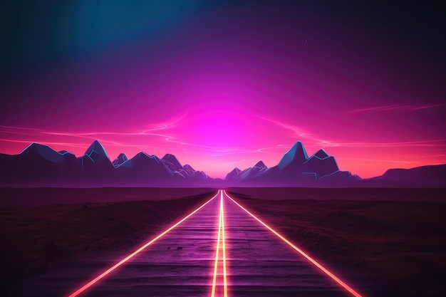 Road to the horizon Konzept mit Synthwave Farben generative KI