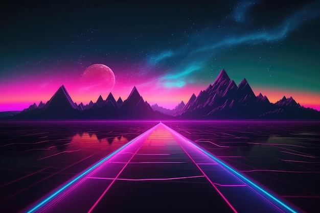 Road to the horizon Konzept mit Synthwave Farben KI