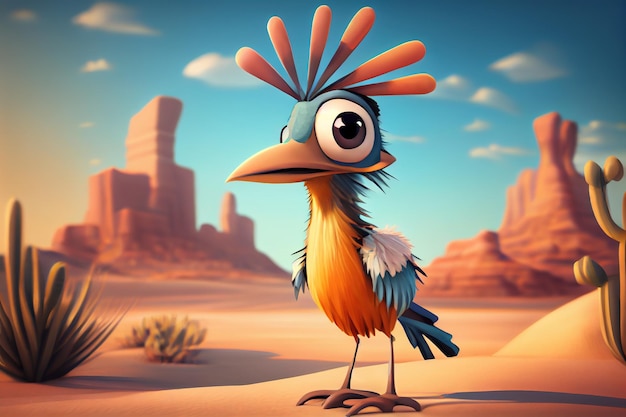 Roadrunner bonito dos desenhos animados 3d no deserto