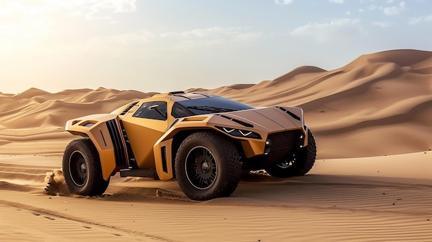 Roadster de areia de supercarro 4WD com motor central fullfender estacionado em uma duna