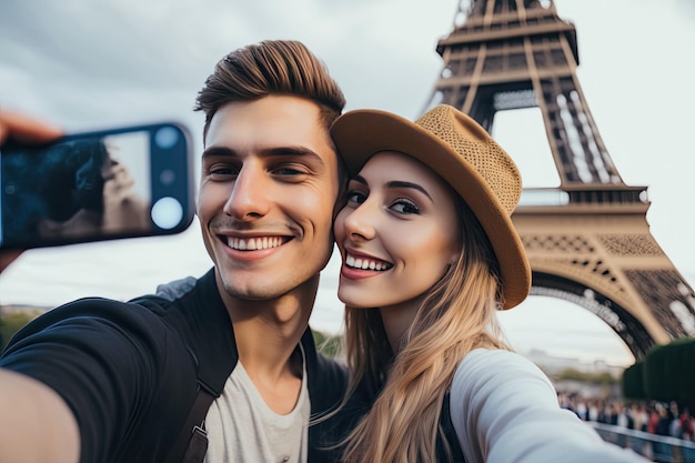 Roamntisches Paar macht Selfie auf der Pariser Straße