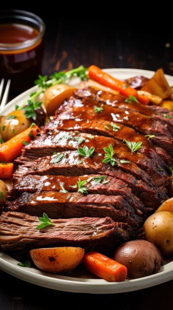 Foto roast de carne clássico com cenouras, cebolas e molho