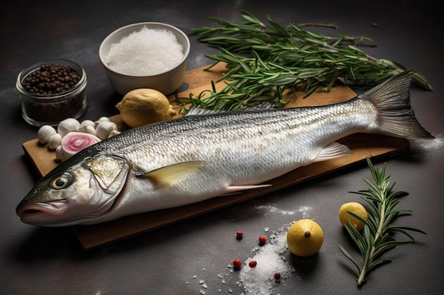 Robalo de peixe fresco e ingredientes para cozinhar