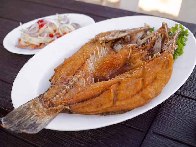 Robalo frito com molho de peixeCangão frito com molho de peixe tradicional comida tailandesa asiática cozinhando no restaurante