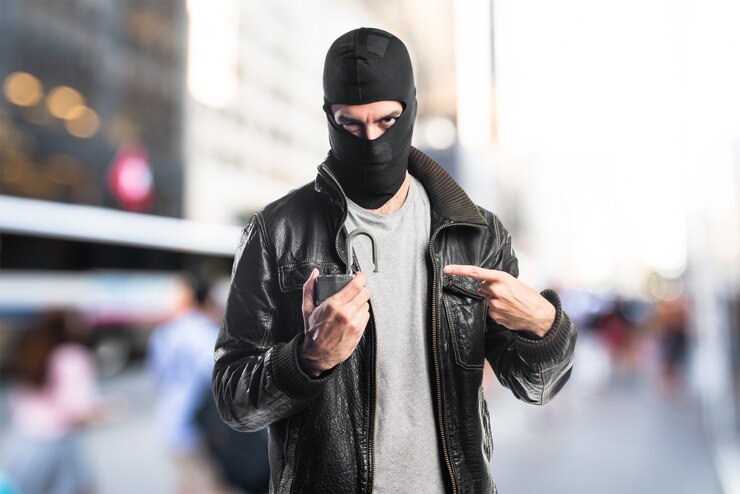 Foto robber segurando cadeado vintage em fundo não focado