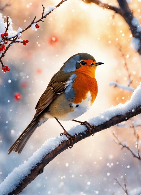 Foto robin en el árbol nevado