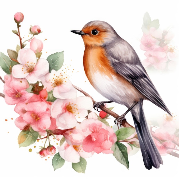 Foto robin chirping em árvore em flor aquarela fresca jardim de primavera clipart