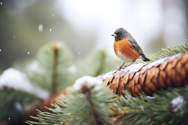 Foto robin com um fundo de agulhas de pinheiro nevadas