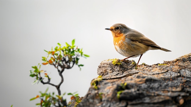 El robin europeo se alza en una cornisa rocosa