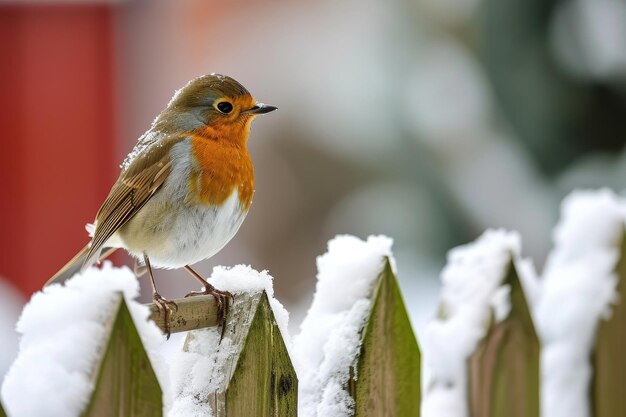 Robin Europeu empoleirado em uma cerca de jardim no inverno