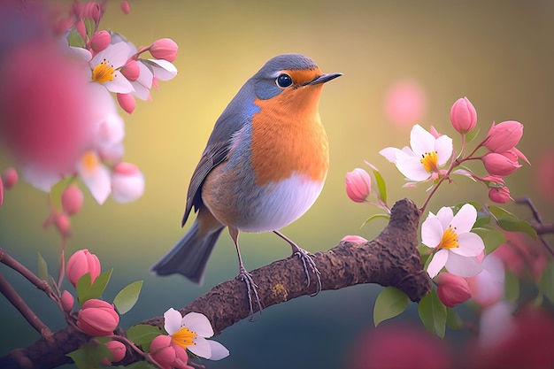 Robin pequeno bonito em um galho de baga florido na primavera Generative AI