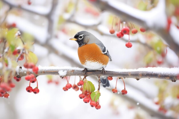 Foto robin picando maçãs cobertas de neve