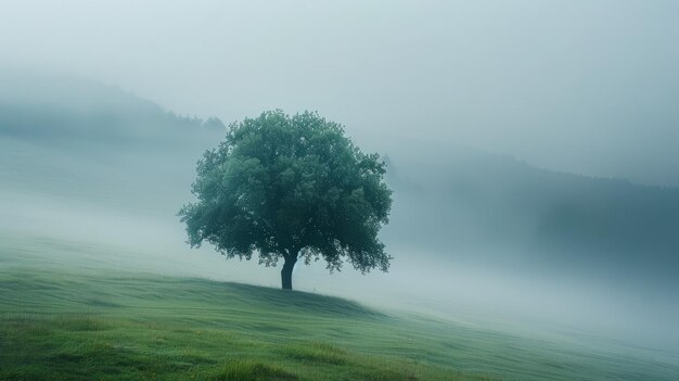 El roble solitario en un campo de niebla