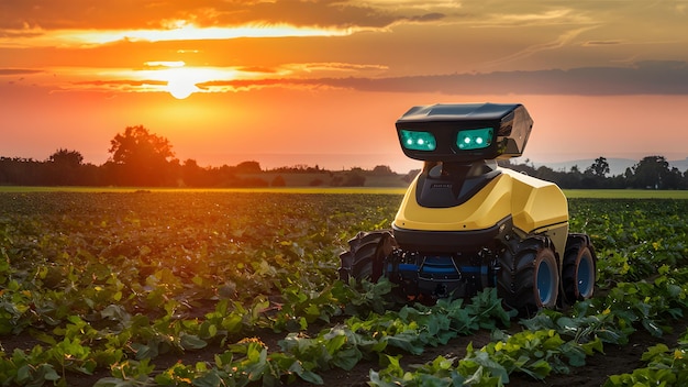 Robô agrícola cuida do campo ao pôr-do-sol mostrando práticas agrícolas modernas