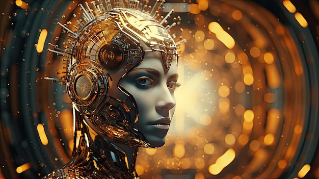 Robô AI com peças douradas em um fundo dourado