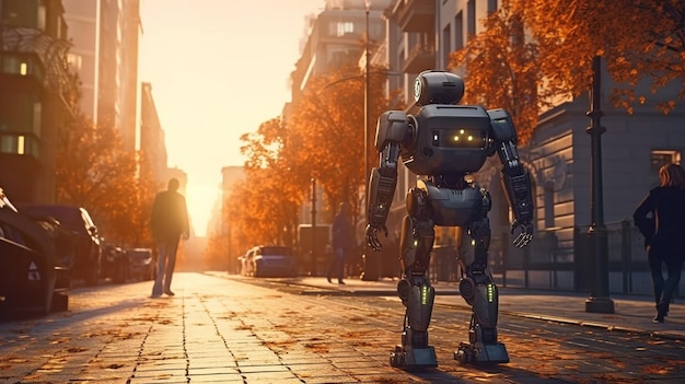 Robô AI generativo chegando ao trabalho na cidade ao nascer do sol