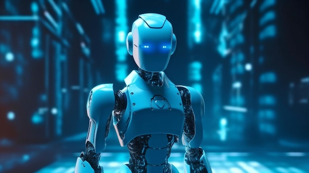 Robô AI generativo em um fundo metaverso azul futurista