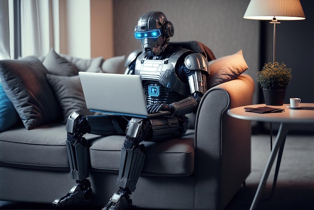 Robô AI usa notebook de computador sentado no sofá em casa AI generativa