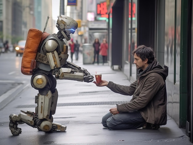 Foto robô ajudando pessoas sem-teto futuro conceito de desemprego ai robot jobs