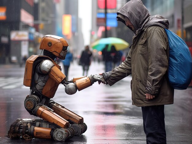 Foto robô ajudando pessoas sem-teto futuro conceito de desemprego ai robot jobs