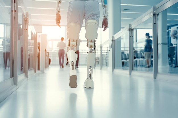 Robô andando de muletas no hospital closeup