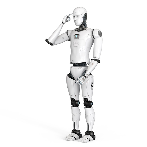 Robô android de renderização 3D pensando com o dedo apontando na cabeça