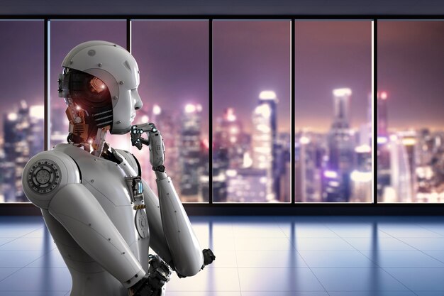 Robô android de renderização 3D pensando no escritório