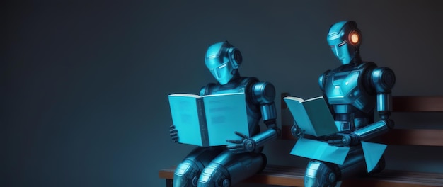 Robô Android lê um livro sentado em um banco AI generative