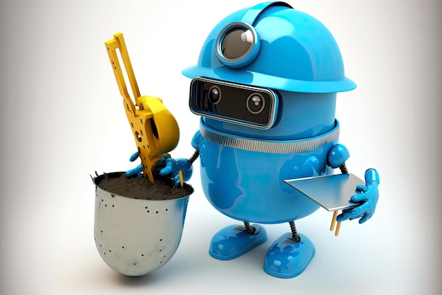 Robô androide azul ajuda na construção e design de IA generativa