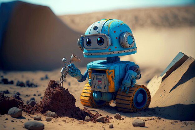 Robô andróide bonito azul ajuda na construção no planeta generative ai