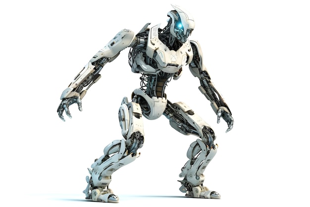 Robô antropomórfico humanóide de alta tecnologia futurista isolado na imagem gerada pela rede neural de fundo branco