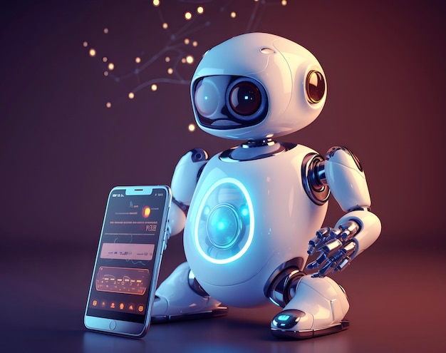 Robô ao lado do smartphone Conceito de chatbot com AI AI gerada