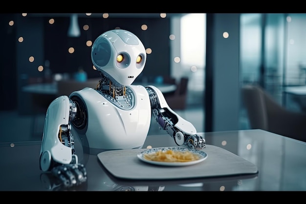 Robô automatizado servindo comida no restaurante Generative AI