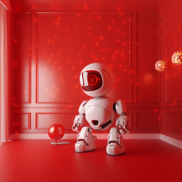 robô bebê bonito em uma sala vermelha brilhante detalhes altos renderização 3D